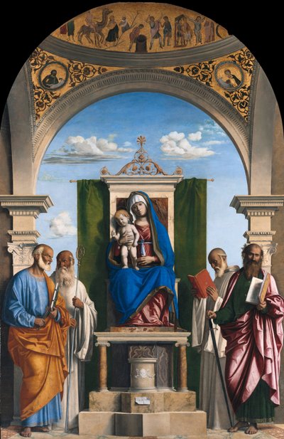 Thronende Madonna mit Kind und den Heiligen Petrus, Romualdus, Benedikt und Paulus von Cima da Conegliano